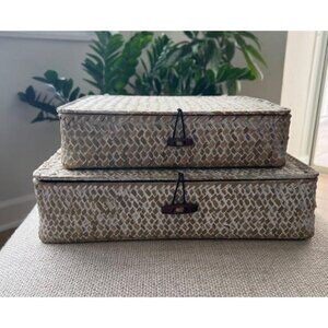 New Set of 2 Flat Woven Wicker Storage Bins with Lid Natural Seagrass Basket